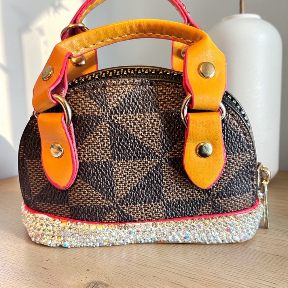 Designer Inspired Mini Top-Handle Keychain Bag Charm in Brown and‎ Yellow